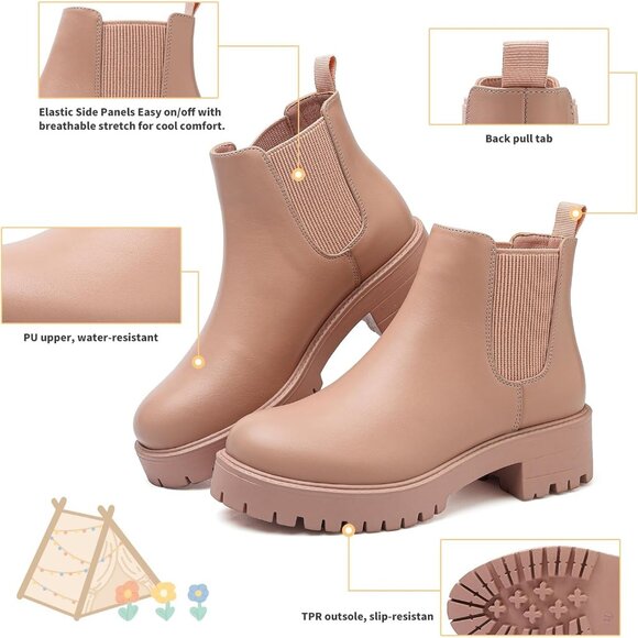 Girls Pink Pull-On Fall Chelsea Boots Water-Resistant PU Ankle Heel Boots - Picture 5 of 7